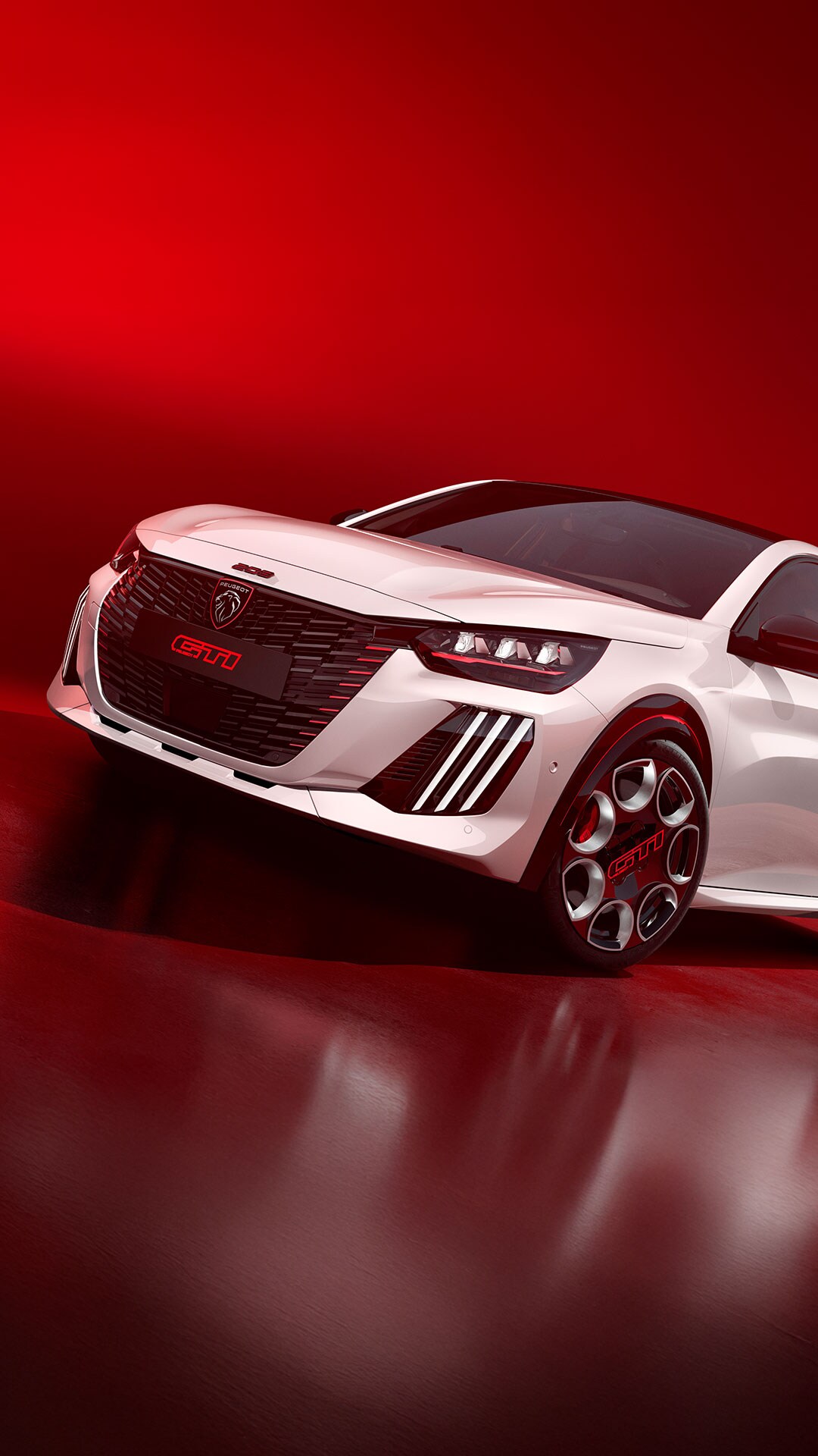 Vooraanzicht nieuwe PEUGEOT E-208 GTi in wit